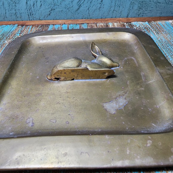 Vintage Solid Brass Bunny Rabbit Two-Demensional Square Plate Decor 8.25" India - Picture 4 of 7